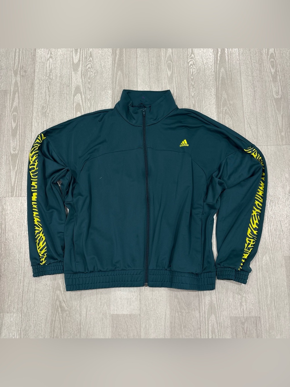 Adidas Mens Large Green Full Zip Track Jacket Aeroready Yellow Sleeve Pattern